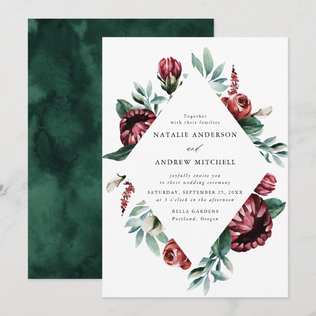 Rosas Vermelhas em Aquarela e Convite de Casamento (Frente/Verso)