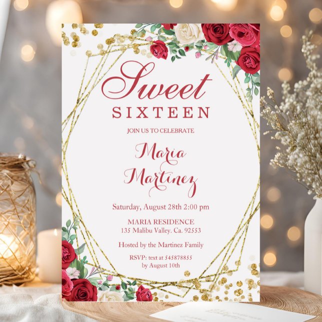 Rosas vermelhas Flores Doce 16.º Convite de Aniver (Criador carregado)