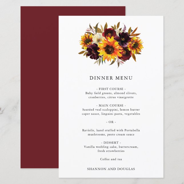 Rosas Vermelhas Girassóis Casamento Outono Menu Ro (Frente/Verso)