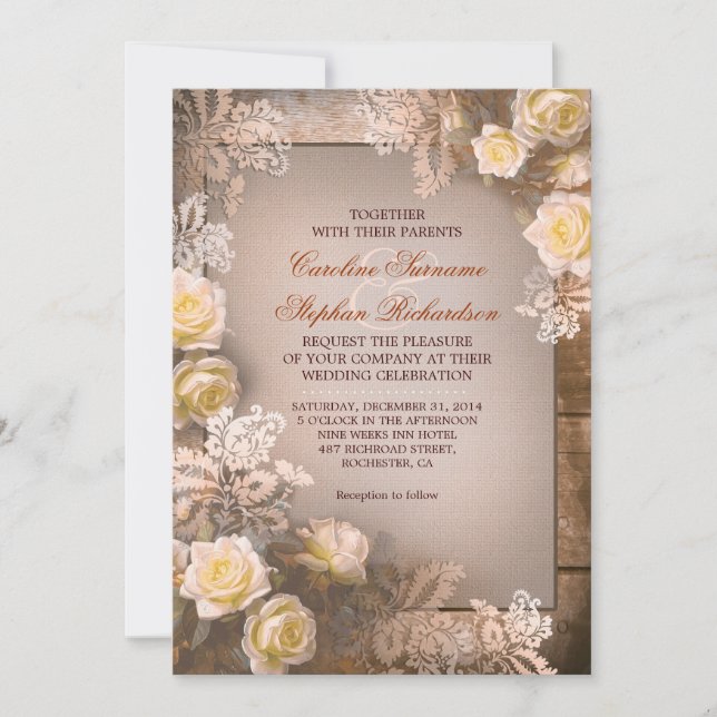 Rosas vitorianos vintage convites de casamento rús (Frente)