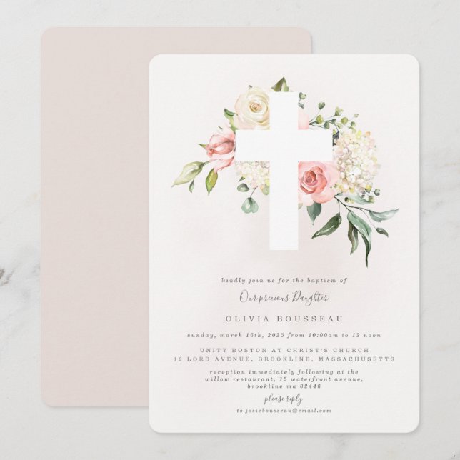 Rose Bouquet Baptism Christening Convite (Frente/Verso)