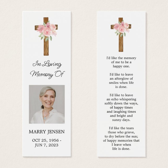 Rose Cross Photo Funeral Bookmark (Frente & Verso)