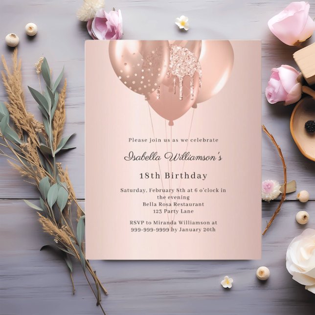 Rose gold balloons birthday invitation (Criador carregado)