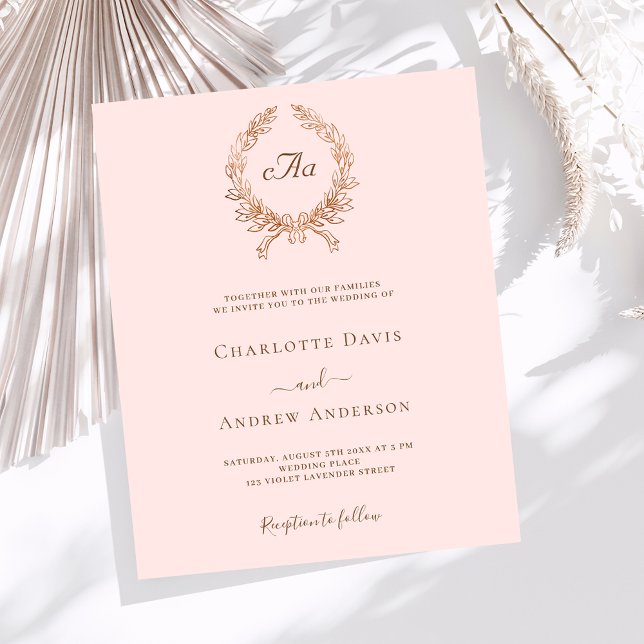 Rose gold wreath monograma convite para casamento (Criador carregado)