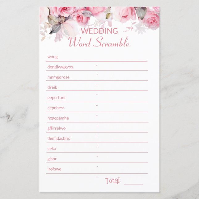 Rose Pink Bridal Shower Word Scramble Game (Frente)