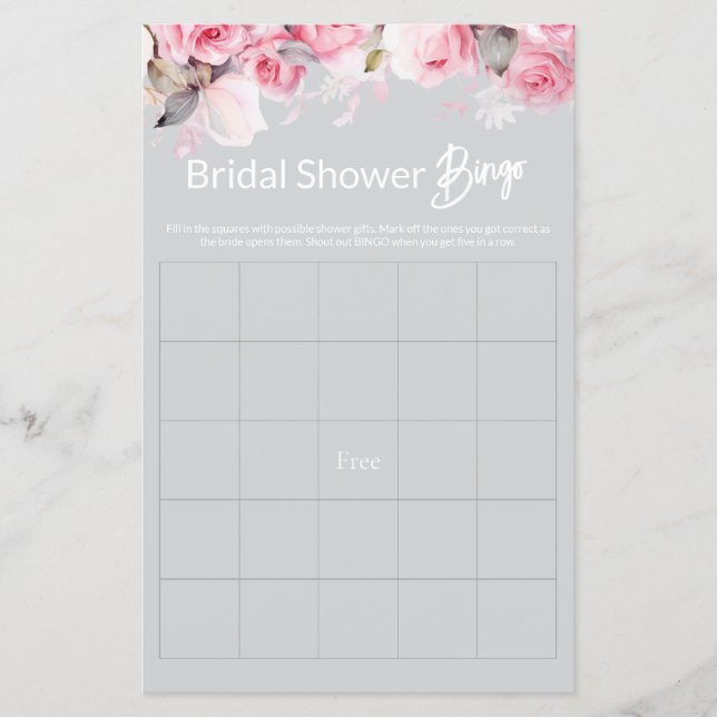 Rose Pink Floral Gray Bridal Shower Game BINGO (Frente)
