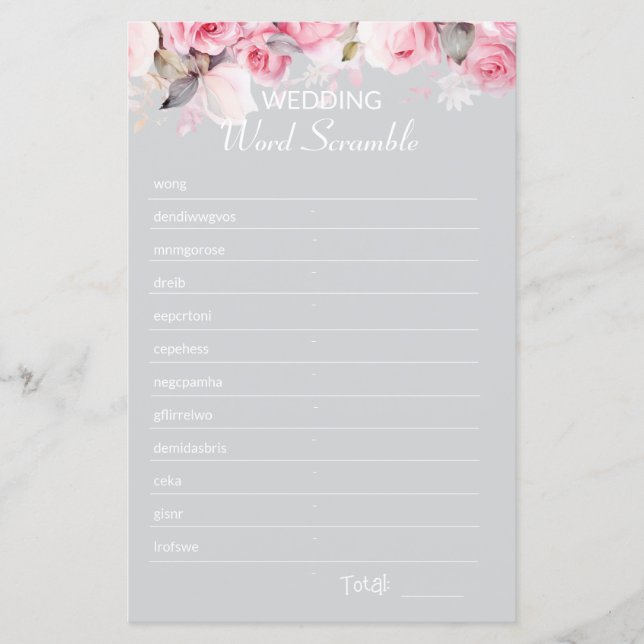 Rose Pink Gray Bridal Shower Word Scramble Game (Frente)