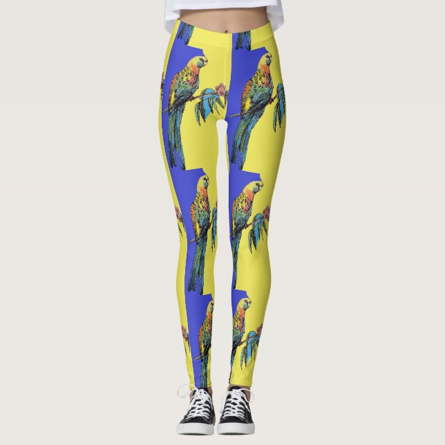 Rosella Parrot Watercolor Marinho Leggings Blue Bi (Frente)