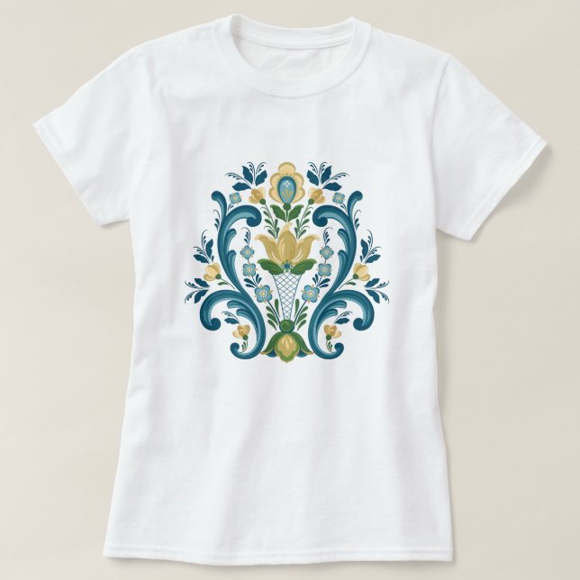 Rosemaling Blue e Dourada T-Shirt (Frente do Design)