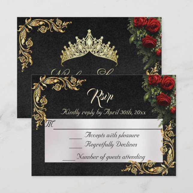 Roses & Gold Leaves - Black RSVP (Frente/Verso)