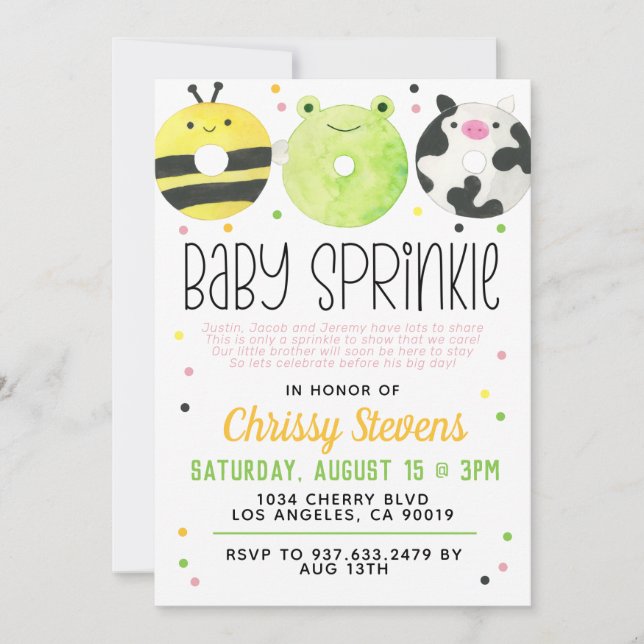 Rosquinha Animal Baby Sprinkle Chá Convite (Frente)