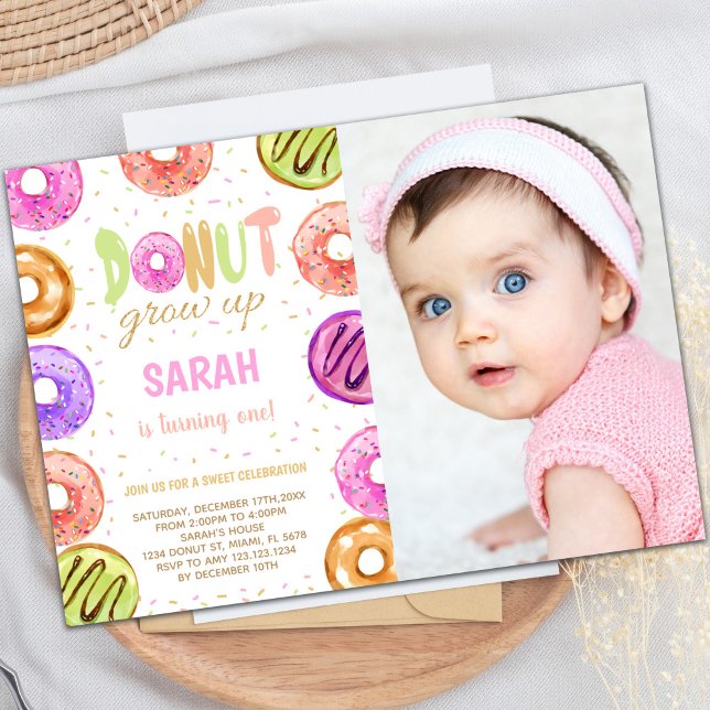 Rosquinha de cores claras Convites de aniversário  (Light Colors Donut Birthday Invitations w photo)