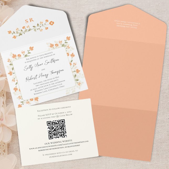 Roteiro de Caligrafia Floral de Peach Casamento El (Elegant peach floral wedding all-in-one style invitation. )