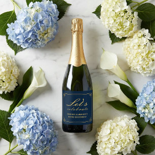 Rótulo de Champanhe Chic Azul Marinho Dourado Aniv
