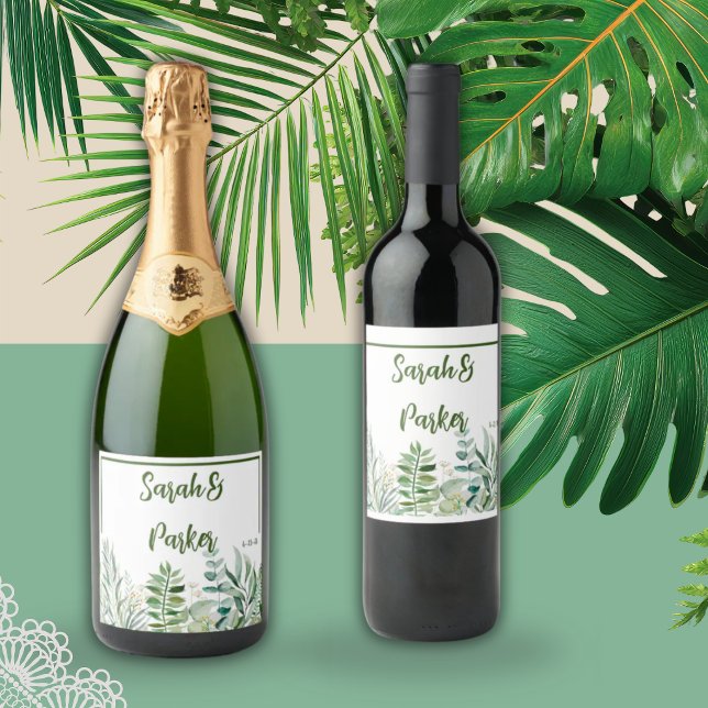 Rótulo de Champanhe de Casamento Folhas Verdes (Criador carregado)