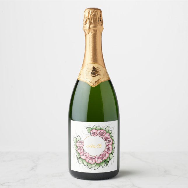 Rótulo de Champanhe de Noiva com Grinalda de Peôni (Frente)