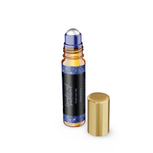 rótulo de frasco de perfume glitter preto e azul (Criador carregado)