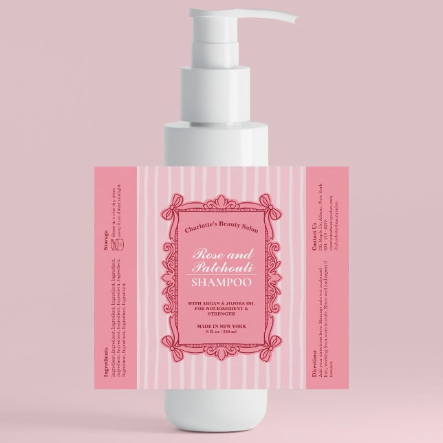 Rótulo de Frasco de Xampu com Arco Ornamentado Ros (Pink Ornate Bow Frame Shampoo Bottle Label)