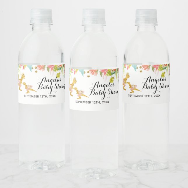 Rótulo de Garrafa de Água Dourada Dino Rosa (Garrafas)