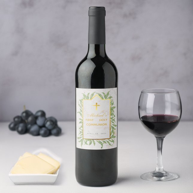 Rótulo De Garrafa De Cerveja 1ª Comunhão Verde Faux Dourado Cruz Botânica (Criador carregado)