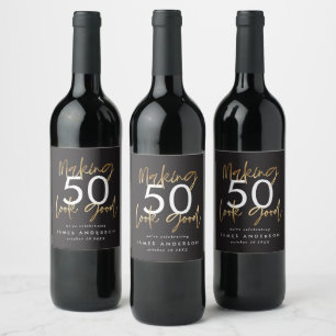 Rótulo De Garrafa De Cerveja 50º aniversário preto e ouro simples e elegante 