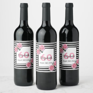 Rótulo De Garrafa De Cerveja 60.º aniversário - rosas cor-de-rosa - listras b