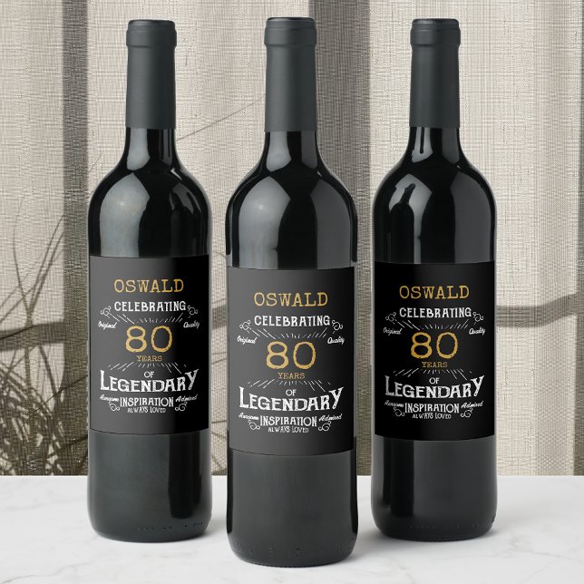 Rótulo De Garrafa De Cerveja 80 Birthday Black Legendny Engraçado Legendário Do (A personalized 80th birthday elegant wine bottle label that is easy to customize)