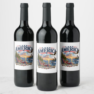 Rótulo De Garrafa De Cerveja Águia Patriótica do Pôr do Sol do Lago América
