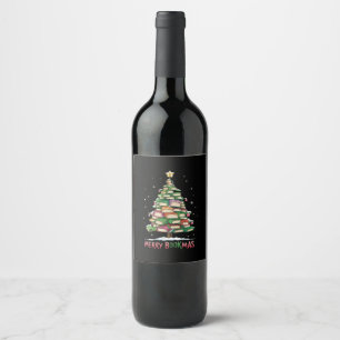 Rótulo De Garrafa De Cerveja Amante do Livro de Natal Árvore Bibliotecária Feli