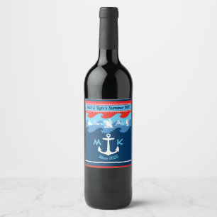 Rótulo De Garrafa De Cerveja Âncora de Monograma Ondas Barco Vermelho Branco Az