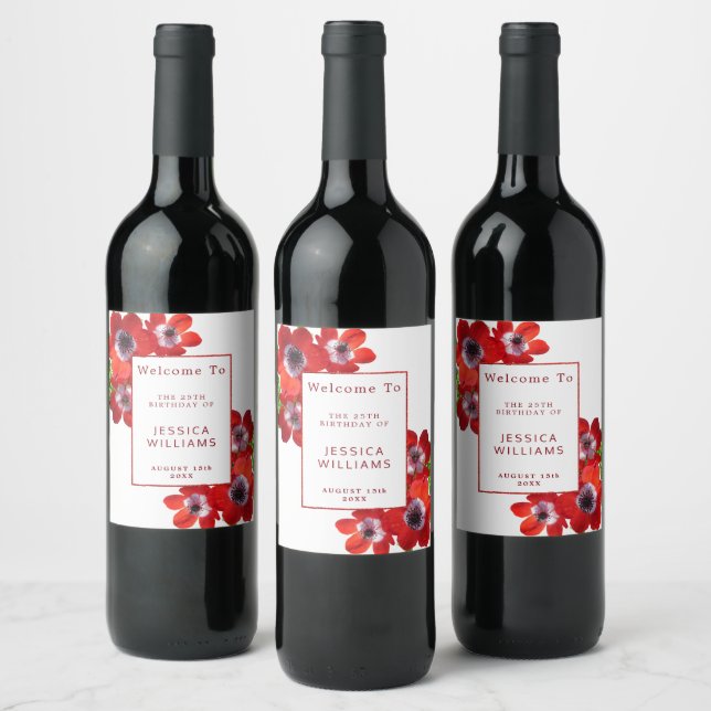Rótulo De Garrafa De Cerveja Anêmonas Florais Vermelhas Românticas para 25º Ani (Garrafas)