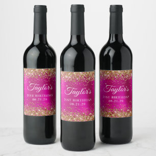 Rótulo De Garrafa De Cerveja Aniversário de 21 anos em Glitter Dourado e Rosa Q