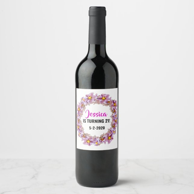 Rótulo De Garrafa De Cerveja Aniversário de 21 cor-de-rosa, roxo e azul (Frente)