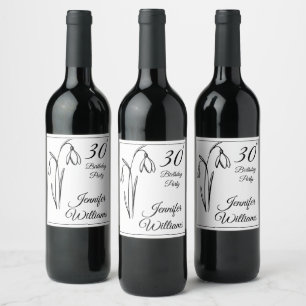 Rótulo De Garrafa De Cerveja Aniversário de 30 anos Snowdrop Floral Preto e Bra