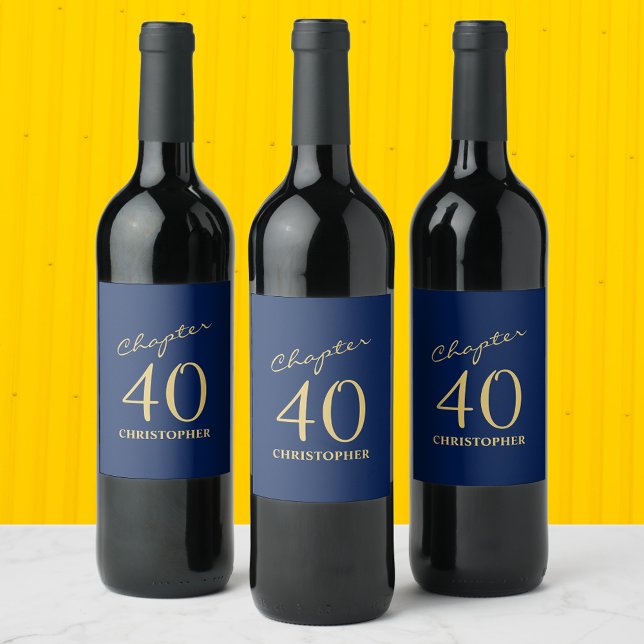 Rótulo De Garrafa De Cerveja aniversário de 40 anos Capítulo 40 Azul Dourado (Personalized 40th Birthday wine labels in blue and gold. Chic and elegant addition to a party.)