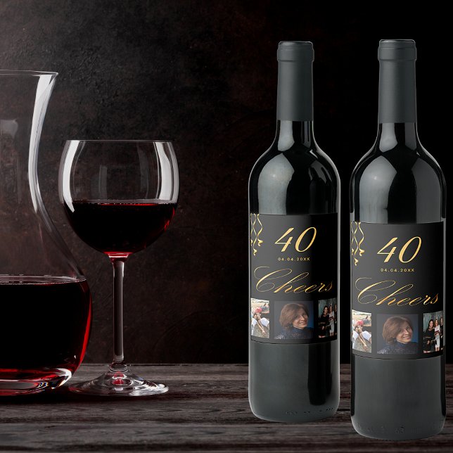 Rótulo De Garrafa De Cerveja aniversário de 40 anos party foto black gold cheer (Criador carregado)