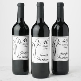 Rótulo De Garrafa De Cerveja Aniversário de 40 anos Snowdrop Floral Preto e Bra