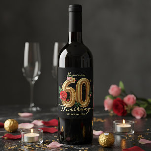 Rótulo De Garrafa De Cerveja Aniversário de 60 anos com rosas pretas, douradas,