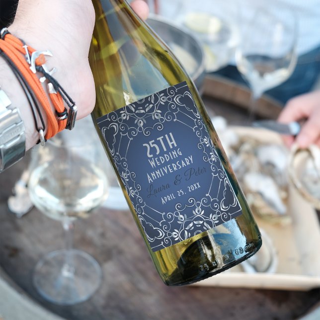 Rótulo De Garrafa De Cerveja Aniversário de Casamento de Silver e Azul Clássico (Criador carregado)