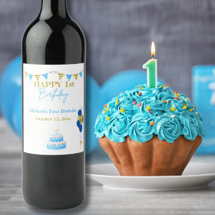 Rótulo De Garrafa De Cerveja Aniversário de Um Ano do Menino Azul Balões Dourad