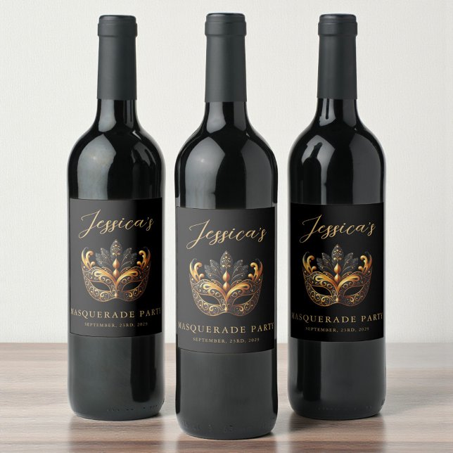 Rótulo De Garrafa De Cerveja Aniversário Dourado mascarada Black (Criador carregado)