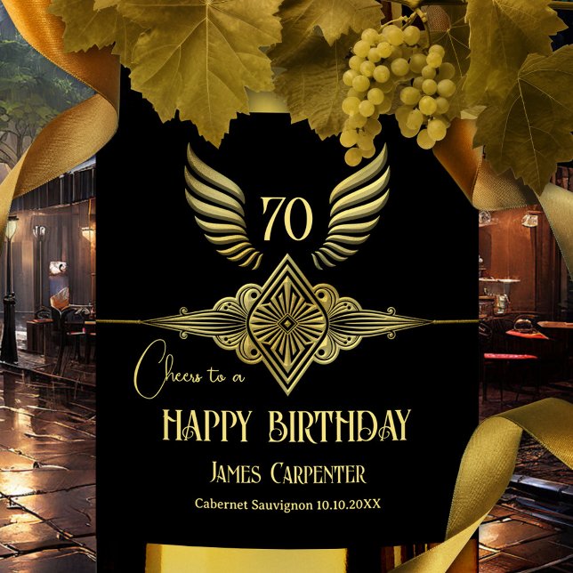 Rótulo De Garrafa De Cerveja Aniversário feliz do Deco de Arte Negra e Dourada (Retro art deco style unique  birthday wine label in classic black and gold)