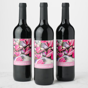Rótulo De Garrafa De Cerveja Aquarela de magnólia rosa