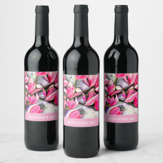 Rótulo De Garrafa De Cerveja Aquarela de magnólia rosa
