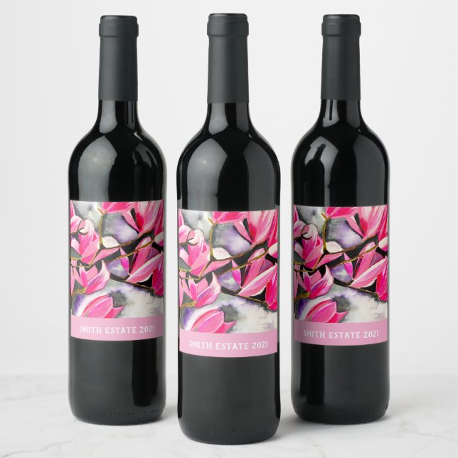 Rótulo De Garrafa De Cerveja Aquarela de magnólia rosa (Garrafas)