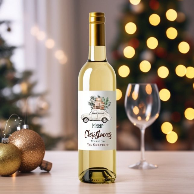 Rótulo De Garrafa De Cerveja Aquarela de Natal com Feriado Personalizado (Christmas Car Custom Holiday Watercolor Wine Label)