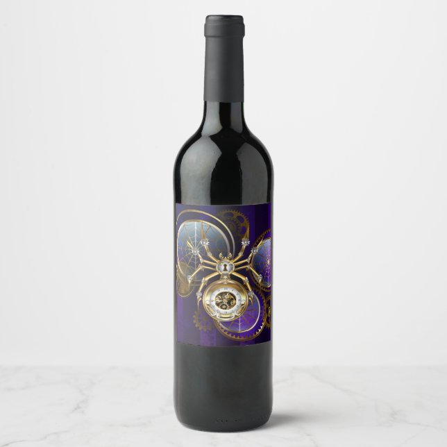 Rótulo De Garrafa De Cerveja Aranha Steampunk no fundo roxo (Frente)
