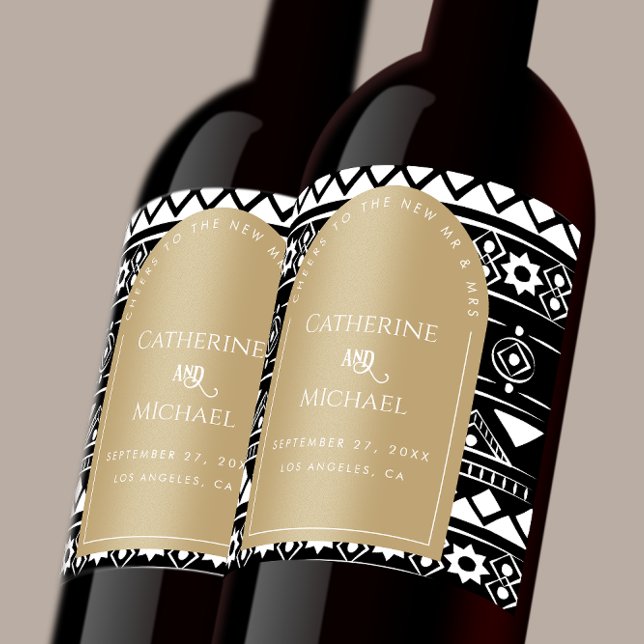 Rótulo De Garrafa De Cerveja Arca de Casamento de Padrão Moderno Boho Dourado (Criador carregado)