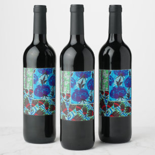 Rótulo De Garrafa De Cerveja Arte Floral Azul e Verde Maximalista Vibrante