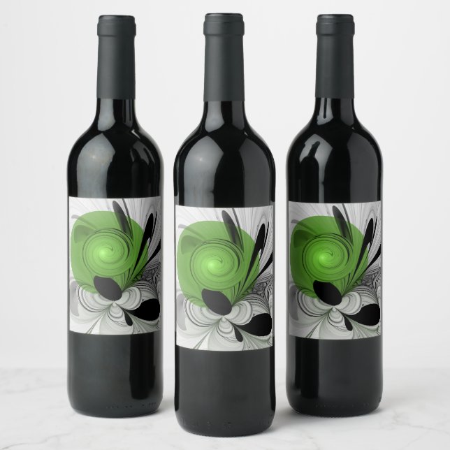 Rótulo De Garrafa De Cerveja Arte Fractal Abstrata em Preto e Branco com Verde (Garrafas)
